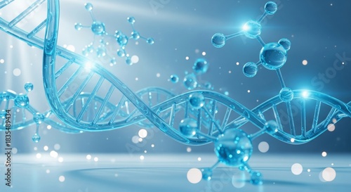 Abstract Molecular Structure and DNA Strand Background. abstract background showing glowing blue and cyan transparent molecular structures and stylized DNA helix strands floating