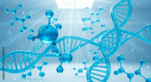 Abstract Molecular Structure and DNA Strand Background. abstract background showing glowing blue and cyan transparent molecular structures and stylized DNA helix strands floating