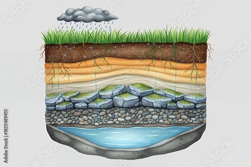 Layers of soil and groundwater illustrated with rain and grass water filter layers