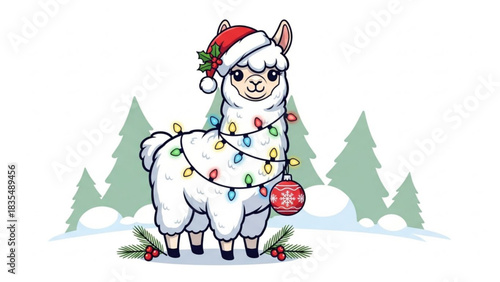 A whimsical cartoon llama wearing a santa hat and adorned with colorful christmas lights and a festive ornament stands in a snowy winter landscape with pine trees