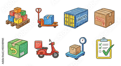 Logistics and shipping hand-drawn icons set