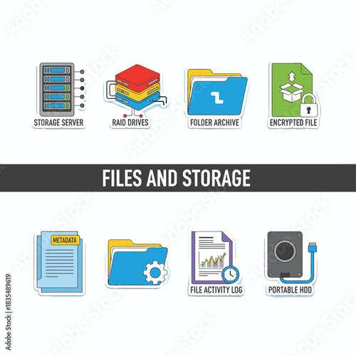 Files and storage flat icons set