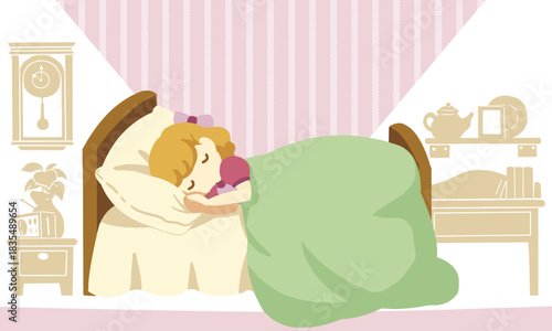 Peaceful Bedtime Illustration of Girl Sleeping in Room. Perfect for bedtime stories, children books, sleep routine themes, nursery designs, and calming illustration projects.