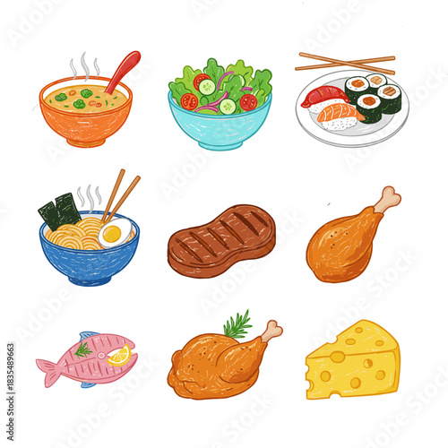 Food items cartoon illustrations set
