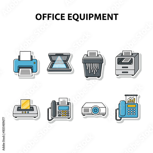 Office Equipment cartoonish icons set