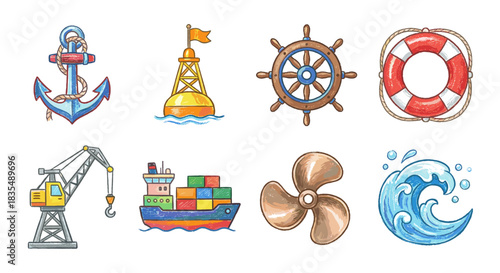 Nautical themed colorful illustrations set