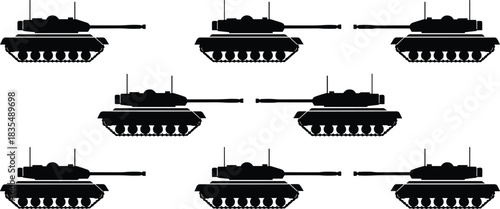 Black Military Tank Silhouette Collection, Repeating Pattern, War Vehicle with Cannon Isolated on White Background, Army Combat Equipment Flat Vector Illustration
