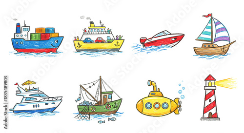 Nautical watercraft and lighthouse colorful icons set
