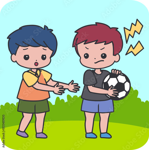 Bad Behavior Scene Boy Grabbing Ball From Friend. Ideal for social emotional learning, parenting resources, school materials, sharing lessons, behavior charts, storybooks, and character education.