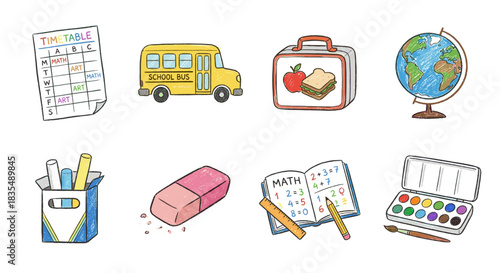 School supplies and tools colorful icon set