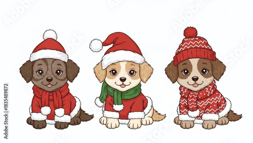 Three adorable cartoon puppies dressed in festive christmas attire including santa hats scarves and sweaters sitting together against a white background