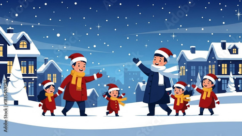 A cheerful family in santa hats and scarves enjoys a snowy winter evening in a charming village with festive lights and falling snowflakes