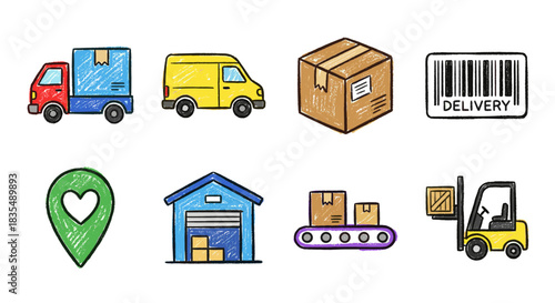 Logistics and delivery hand-drawn icons set