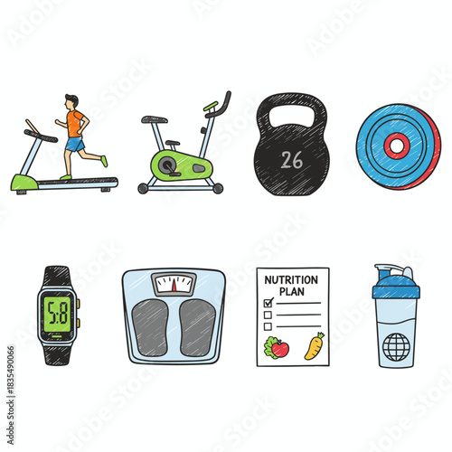 Fitness and health hand-drawn icons set