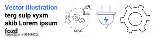 Outlined gear, electric plug, and teamwork icons with a house represent engineering, collaboration, energy, and home integration. Ideal for teamwork, energy, technology systems innovation home
