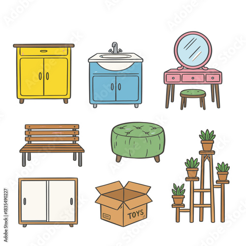 Furniture and Household Items Cartoon Illustration