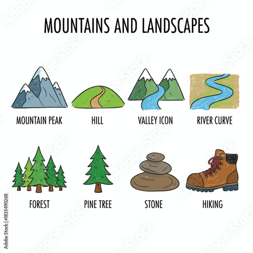 Landscapes and mountains cartoon icons set