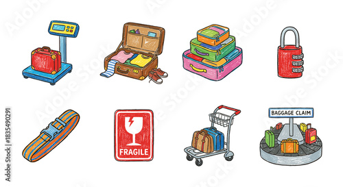 Travel and air travel baggage crayon-style illustrations