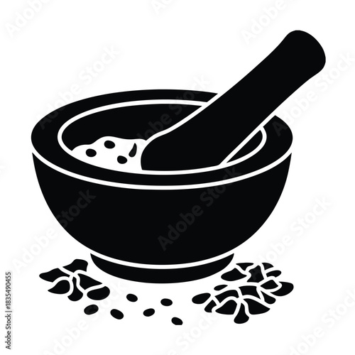 Mortar and Pestle Silhouette with Herbs
