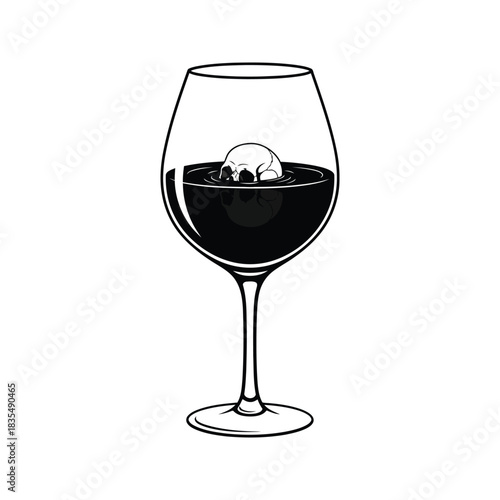 A small skull submerged in dark red wine inside a clear wine glass on a white background