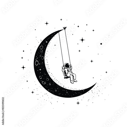 Astronaut on a swing attached to a crescent moon surrounded by stars in a minimalist black and white illustration