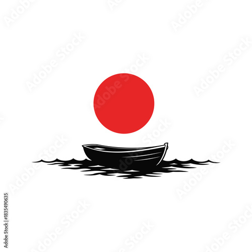 A solitary black boat floats on choppy water beneath a large red sun on a white background