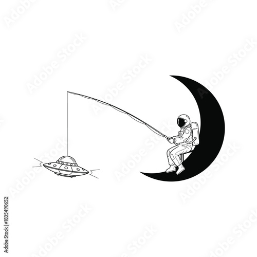 Astronaut sitting on crescent moon fishing for a flying saucer with a fishing rod in outer space