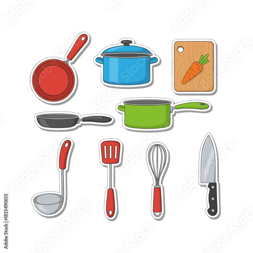 Kitchen utensils and cookware cartoon icons set