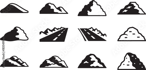 Set of vector mountain icons, mountain silhouettes nature peak outdoor icon