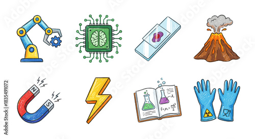 Science and technology cartoon icons set