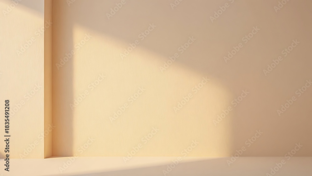 Fototapeta premium Warm Sunlit Beige Wall with Soft Window Shadow and Empty Shelf