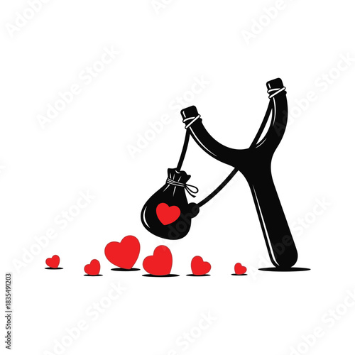 Black slingshot launching a bag of red hearts towards a scattered group of hearts