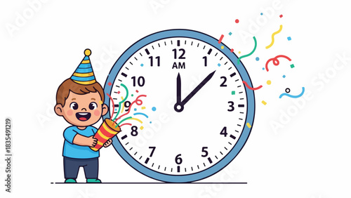 A cheerful child celebrating with a party popper next to a clock showing the time.