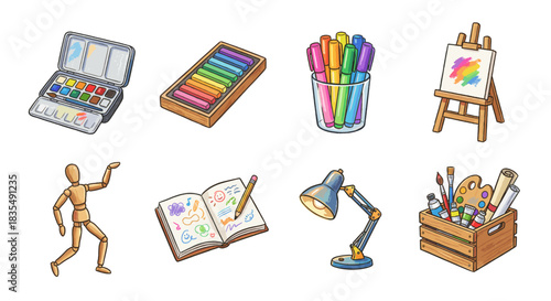 Artistic tools and accessories cartoon icons set