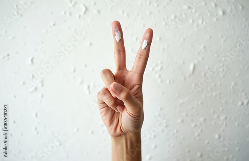 Hand showing two fingers with sunblock. Correct sunscreen application for spf protection. Skincare routine against ultraviolet rays in summer. Woman cares about health. Beauty procedure for skin