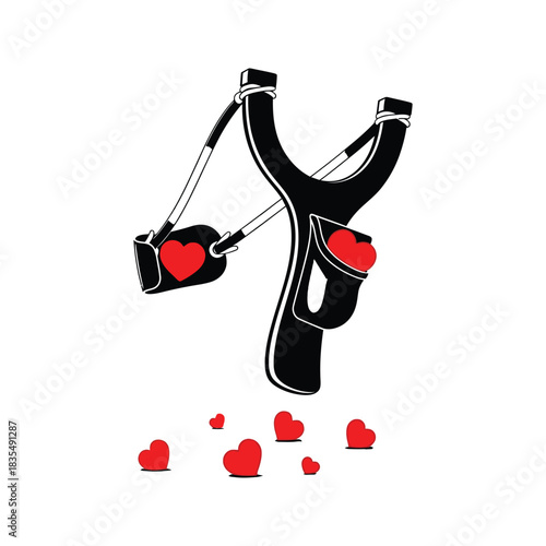 Black slingshot loaded with red hearts ready to launch love projectiles towards the viewer