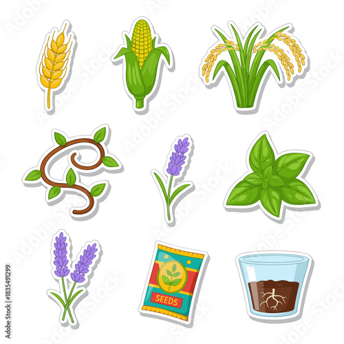 Agricultural and botanical cartoon icons set