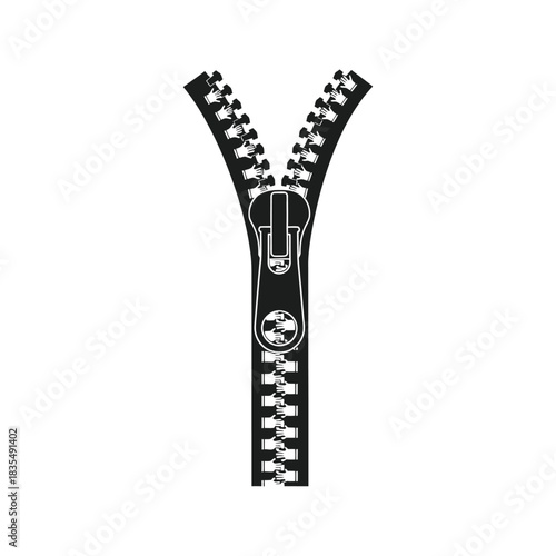 Black zipper with slider partially open on a white background symbolizing connection or closure