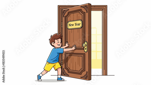 A young boy pushes open a large wooden door labeled "New Year," revealing a bright, light-filled opening.