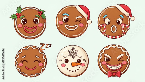 A delightful collection of six cute christmas themed gingerbread cookie characters including a snowman and various festive expressions perfect for holiday designs