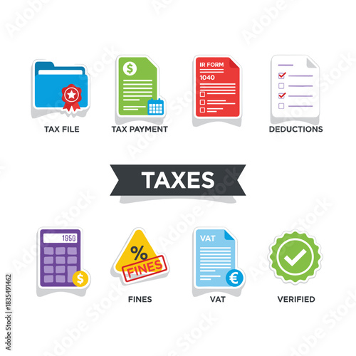 Tax management and compliance colorful icons set