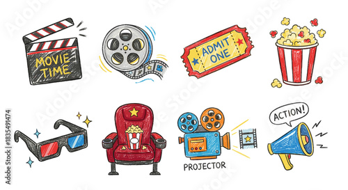 Movie and cinema colorful cartoon icons set