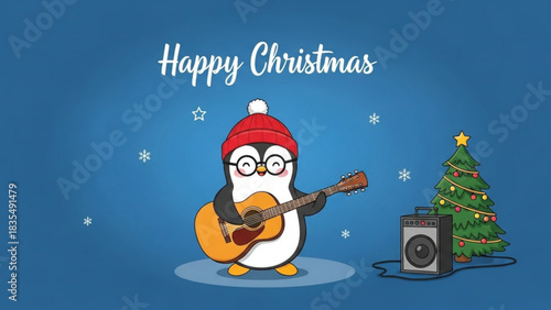 Cute cartoon penguin wearing a red hat and glasses plays an acoustic guitar next to a decorated christmas tree and a speaker with happy christmas text above