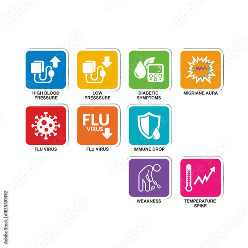 Health conditions colorful square icons set