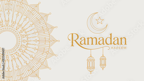 Elegant Ramadan Kareem Background with Golden Crescent Moon Star and Lanterns for Festive Greetings and Celebrations