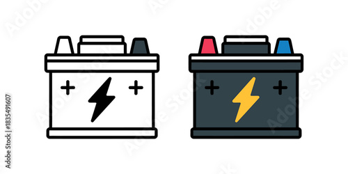 Two car batteries in different styles one black and white one colored symbolizing energy and power for vehicles