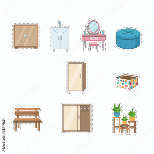 Furniture and household sticker icons set