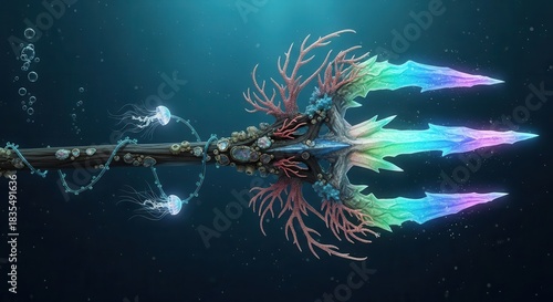 Ornate aquatic weapon featuring glowing prongs and natural ocean growth is submerged in deep blue water