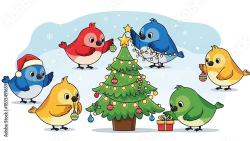 Adorable cartoon birds decorating a christmas tree with ornaments and lights in a snowy winter scene spreading holiday cheer and festive spirit