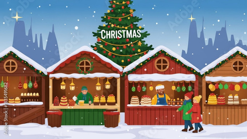 Charming christmas market scene with decorated stalls selling cakes and treats a large festive tree and people enjoying the winter snowfall